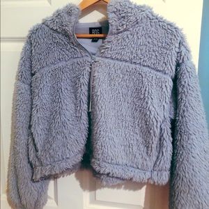 BDG Urban Outfitters Cropped Zip Up Blue Teddy Jacket